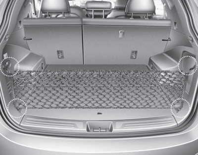 Hyundai Tucson: <b>Floor mat anchor(s)</b>. To keep items from shifting in the cargo area, use the luggage net.