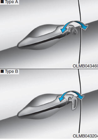 Hyundai Tucson: <b>Operating door locks from outside the vehicle</b>. Turn the key toward the rear of the vehicle to unlock and toward the front of