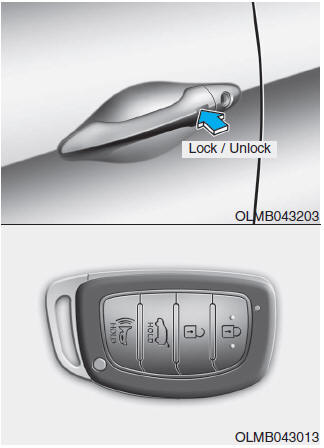 Hyundai Tucson: <b>Operating door locks from outside the vehicle</b>. To lock the doors, press the button on the outside door handle while carrying