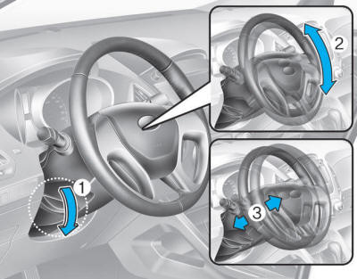 Hyundai Tucson: Steering wheel. Pull down the lock-release lever (1) on the steering wheel column and adjust