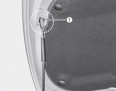 Hyundai Tucson: Hood. 4. Pull out the support rod and hold the hood open with the support rod (1).