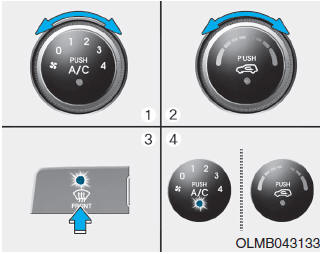 Hyundai Tucson: Windshield defrosting and defogging. 1. Set the fan speed to the desired position.