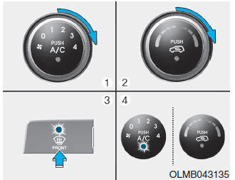 Hyundai Tucson: Windshield defrosting and defogging. 1. Set the fan speed to the highest position.