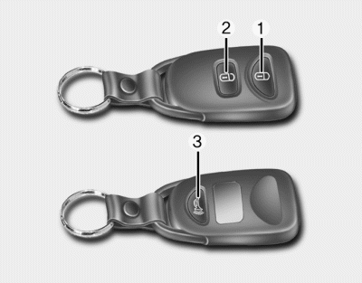 Hyundai Tucson: <b>Operating door locks from outside the vehicle</b>. To lock the doors, press the Door Lock button (1) on the remote key.
