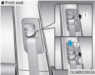 Hyundai Tucson: Seat belt warning light. To adjust the height of the seat belt anchor, lower or raise the height adjuster