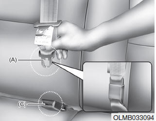 Hyundai Tucson: Seat belt warning light. 2. Insert the metal tab (A) into the buckle (C). There will be an audible click