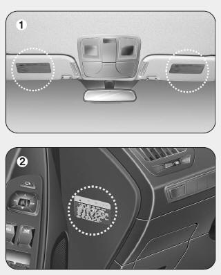 Hyundai Tucson: SRS care. Air bag warning labels, required by the U.S. National Highway Traffic Safety