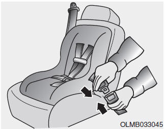 Hyundai Tucson: <b>Installing a Child Restraint System (CRS)</b>. 2. Fasten the lap/shoulder belt latch into the buckle. Listen for the distinct