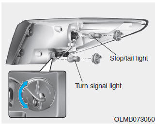 Hyundai Tucson: Light bulbs. 4. Remove the socket from the assembly by turning the socket counterclockwise