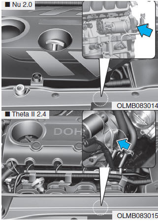 Hyundai Tucson: <b>Vehicle certification label</b>. The engine number is stamped on the engine block as shown in the drawing.