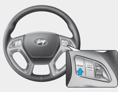 Hyundai Tucson: <b>Cruise control operation</b>. 1.Push the cruise ON/OFF button on the steering wheel to turn the system on.