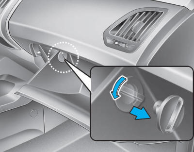 Hyundai Tucson: Climate control air cleaner. 1. With the glove box open, remove the stoppers on both sides to allow the glove