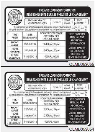 Hyundai Tucson: Tire loading information label. The label located on the driver's door sill gives the original tire size, cold