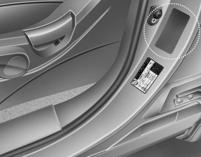 Hyundai Tucson: <b>Vehicle certification label</b>. The vehicle certification label attached on the driver’s side center pillar gives