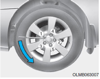 Hyundai Tucson: If you have a flat tire. 6.Loosen the wheel lug nuts counterclockwise one turn each in the order shown