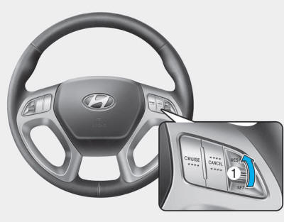 Hyundai Tucson: <b>Cruise control operation</b>. Push the lever (1) up (to RES+). If the vehicle speed is over 25 mph (40 km/h),